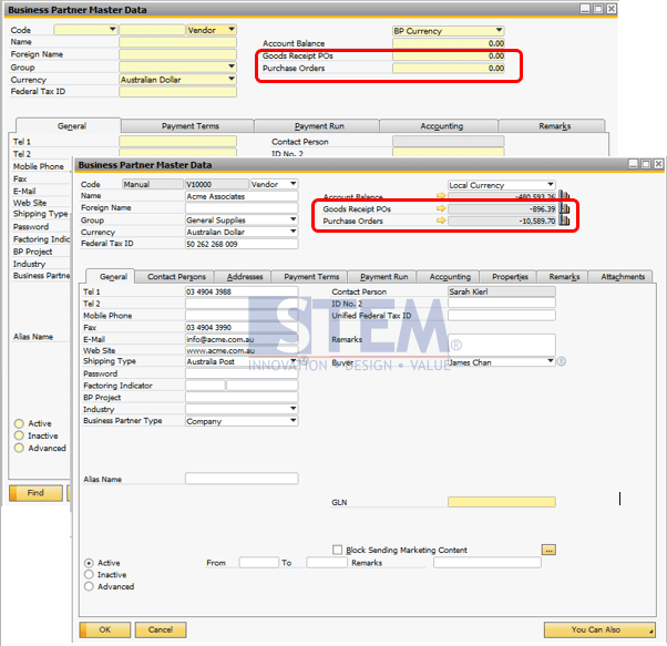 stem sapb1tips balance pogrpo in vendor master data