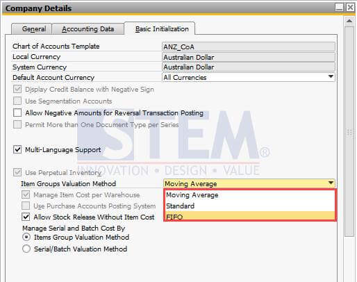 SAP Business One Tips - Item Groups Valuation Method