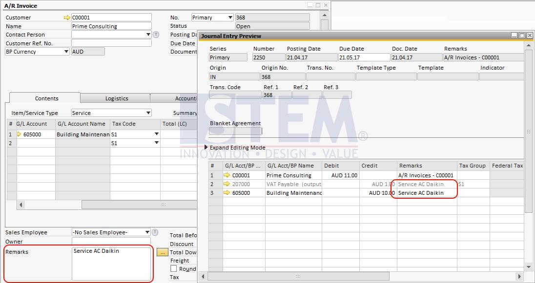 Journal Entry Reference & Remark Information - Example