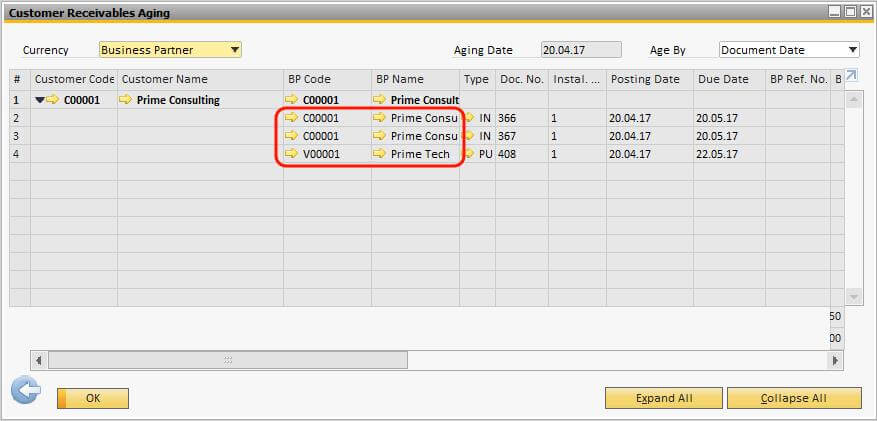 Connected Business Partner in SAP Business One Aging Reports