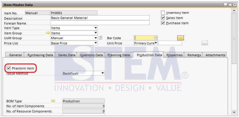 Set up phantom item in SAP Business One Master Item