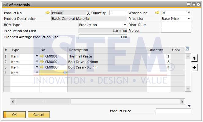 Example of Bill of Material of a phantom item