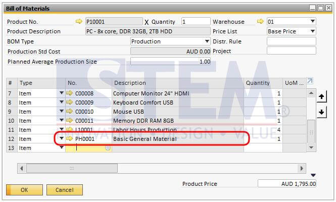 Phantom item used as a component in Bill of Material