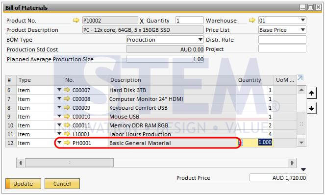 Phantom item used as a component in Bill of Material