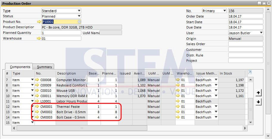 How phantom item shown in Production Order