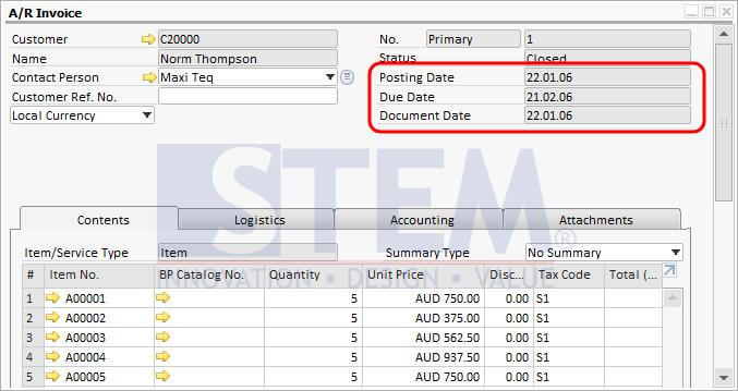 Dates in AR Invoice Document