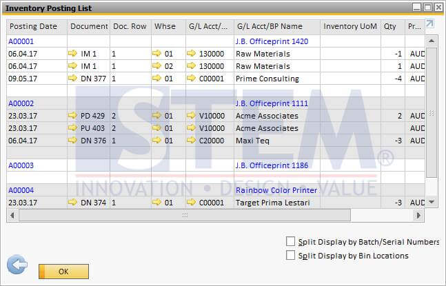 SAP Business One Tips - STEM - Inventory Posting List by Items