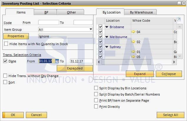 SAP Business One Tips - STEM - Inventory Posting List by Items