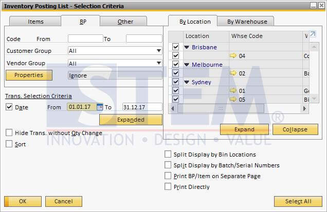 SAP Business One Tips - STEM - Inventory Posting List by BP