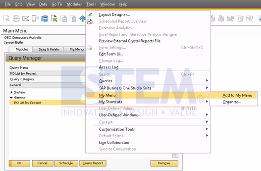 SAP Business One Tips - STEM - Shortcut To User Query