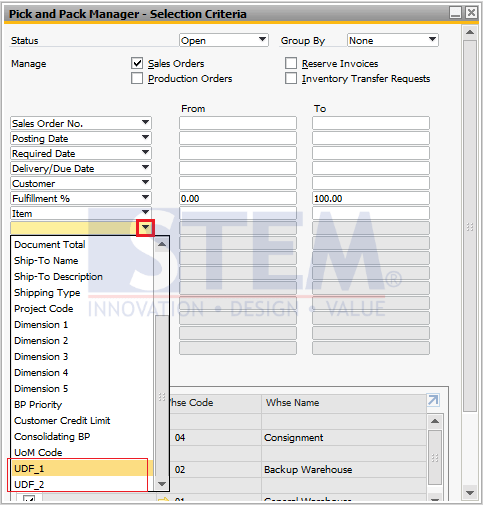 STEM - SAP Business One Tips - Sterling-Custom UDF Selection Criteria Pick Pack Manager