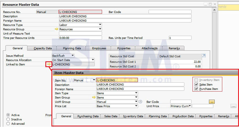 SAP Business One Tips - STEM - Link Resource Master Data To Item Master 2