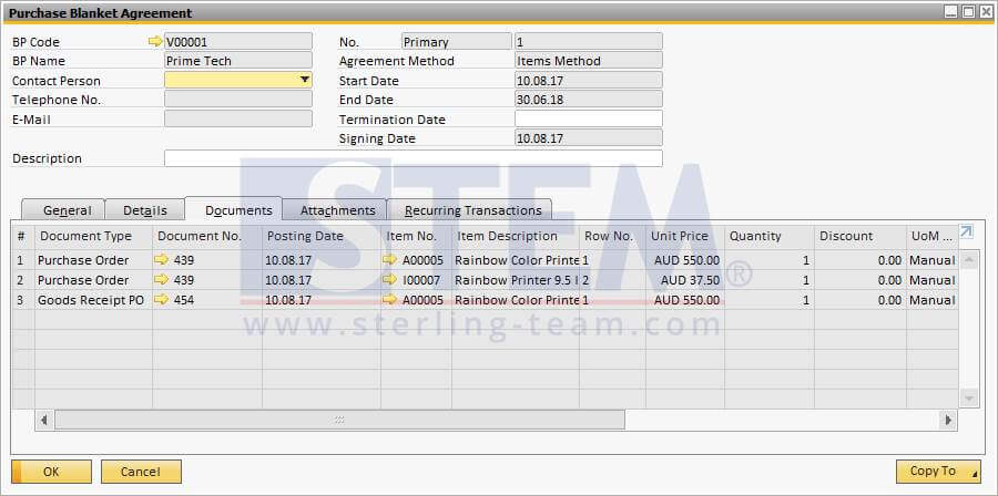 Fig 04. All documents related to the agreement will be shown in "Documents" tab of Blanket Agreement