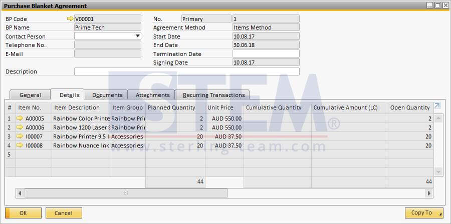 Fig 01. Purchase Blanket to record your agreement with vendor