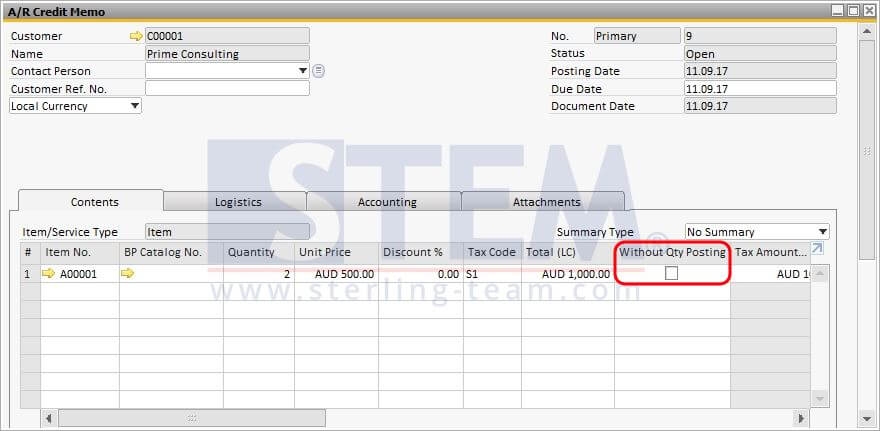 Figure 1. Credit Memo Document (With Inventory Posting)