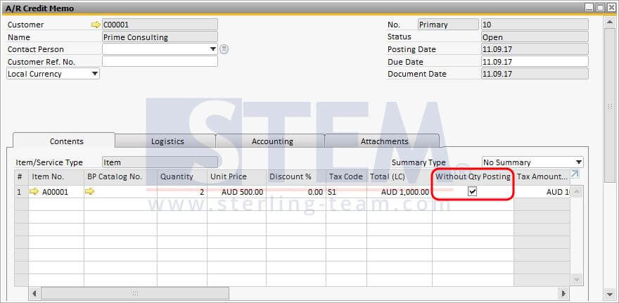 Figure 2. Credit Memo Document (Without Inventory Posting)