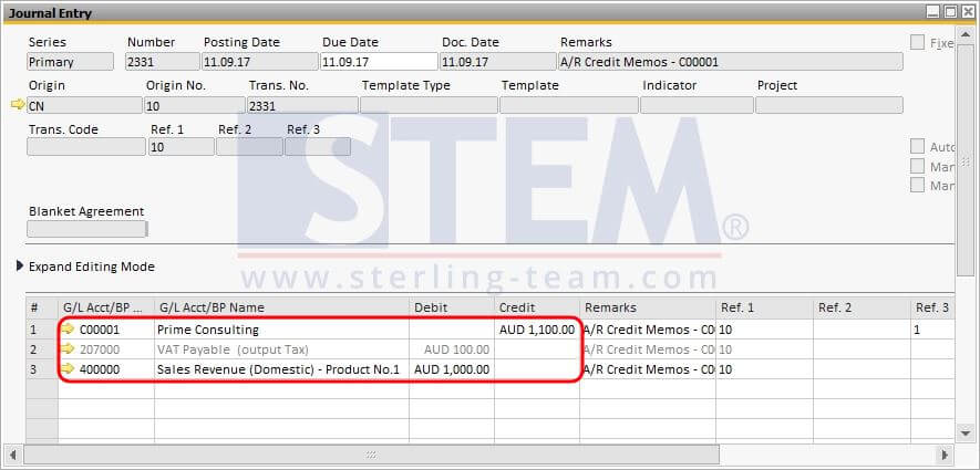 Figure 2a. Journal Entry for Credit Memo without Inventory Posting