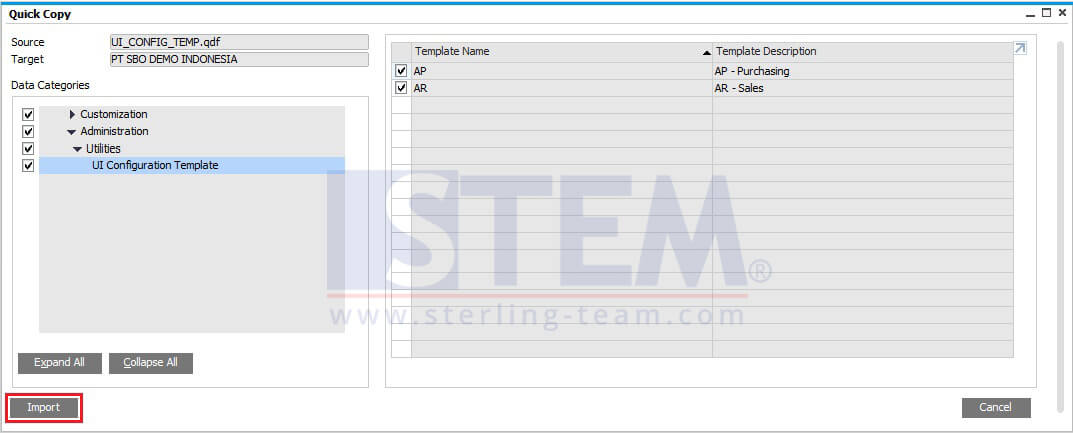 Copy UI Configuration Template between Database Using Quick Copy