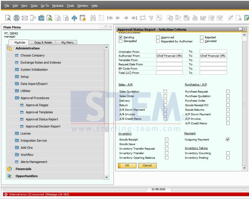 Internal Error (1) on Approval Status Report