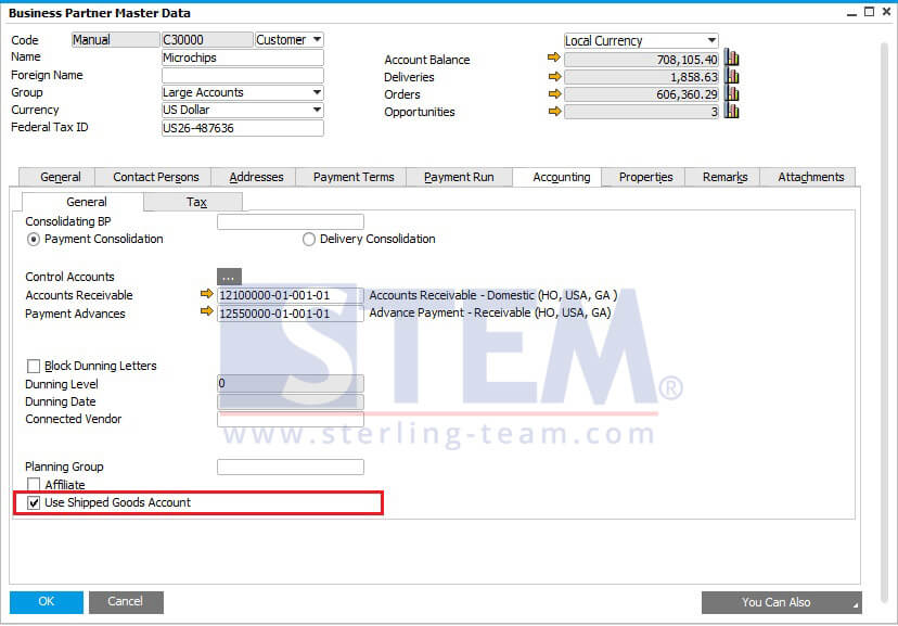 Setup for Using Shipped Goods Account on Business Partner Master Data