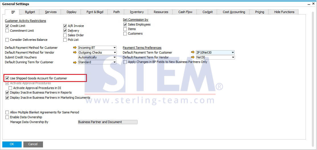 Setup for Using Shipped Goods Account on General Settings