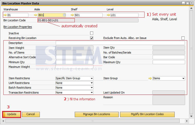 Assign Warehouse Sublevel into Bin Location Master Data