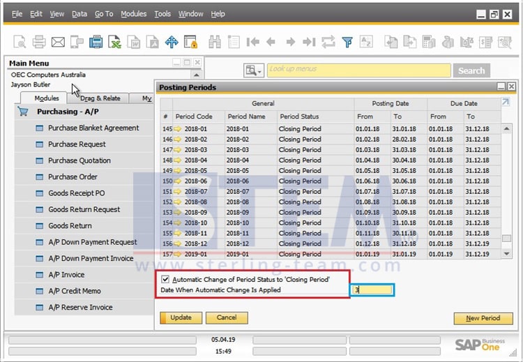 Set Automatic Closing Period on SAP Business One