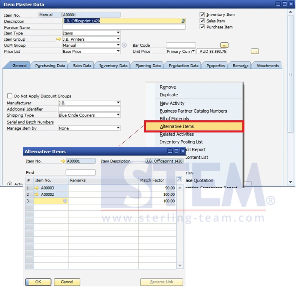 SAP Business One Tips - STEM SAP Gold Partner Indonesia - Set Alternative Items on SAP B1