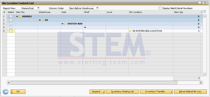 SAP Business One Tips - STEM SAP Gold Partner Indonesia - Bin Location Content List Report for View Bin Location Hierarchies