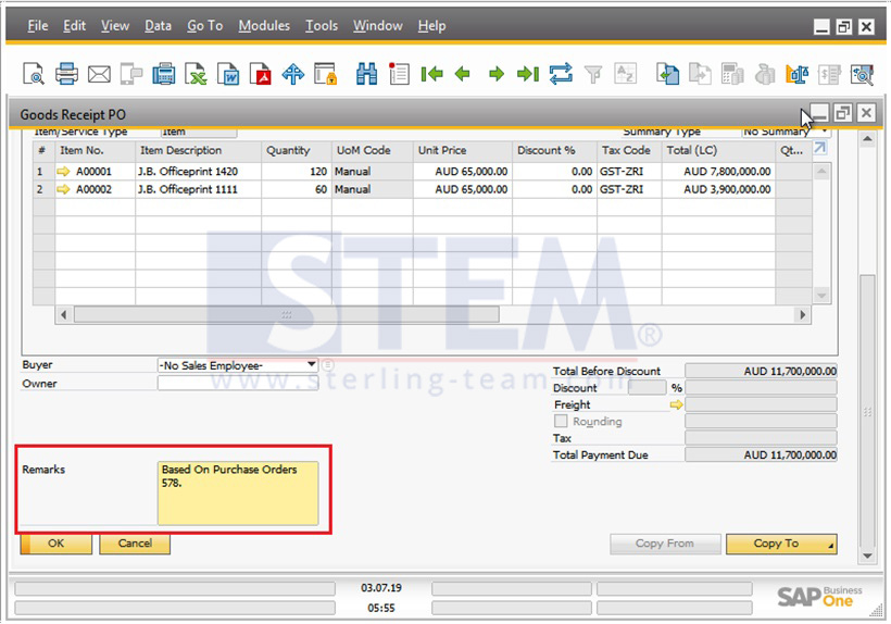 SAP_Business_One_Tips-STEM-Document Remarks include Base document number or BP Reference Number on SAP B1