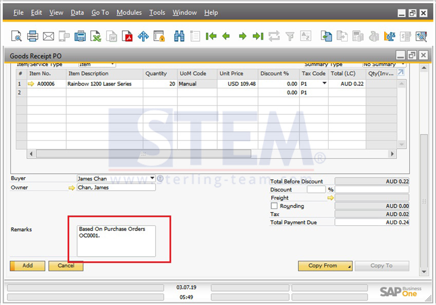 SAP_Business_One_Tips-STEM-Document Remarks include Base document number or BP Reference Number on SAP B1