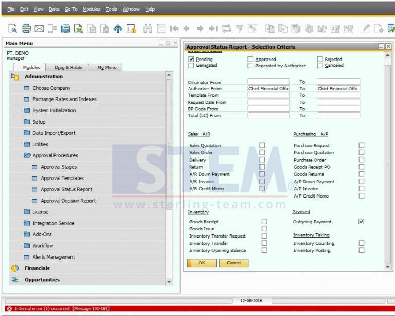 Internal Error on Approval Status Report SAP Business One Indonesia