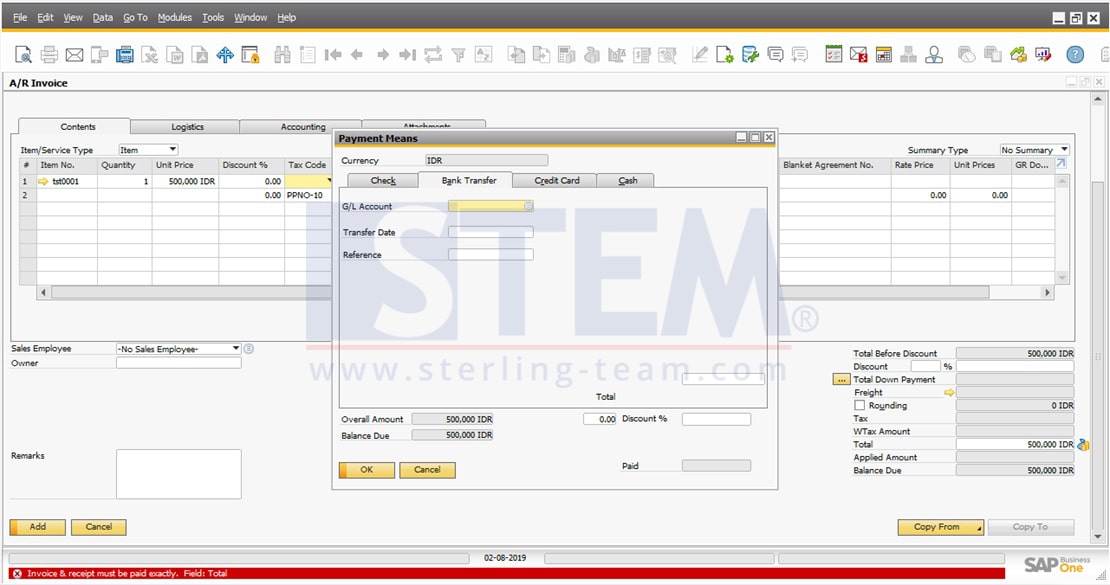 SAP_Business_One_Tips-STEM-AR Invoice with Payment Feature for One Time Customer on SAP B1