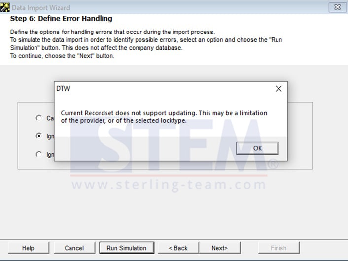 SAP_Business_One_Tips-STEM-Solve Data Transfer Workbench Error Current Recordset Does Not Support Updating on SAP B1