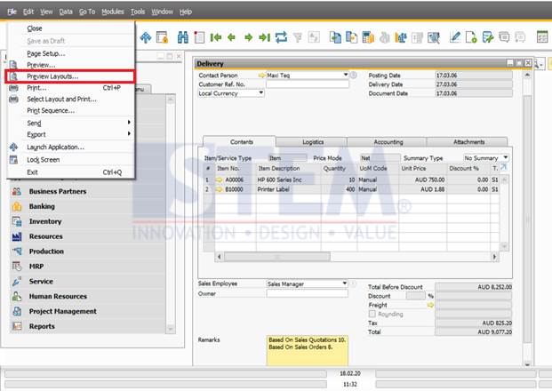 SAP Business One Tips - Preview Document Layout