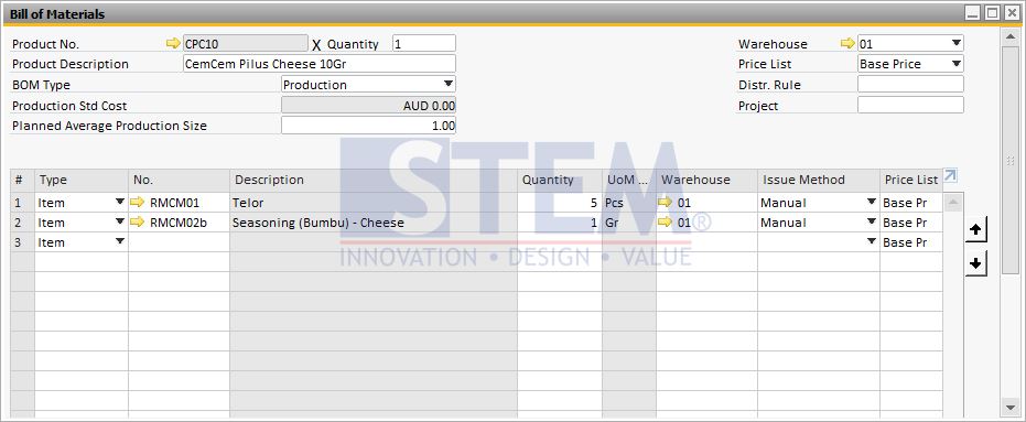 SAP Business One Tips - Bill of Material Screen