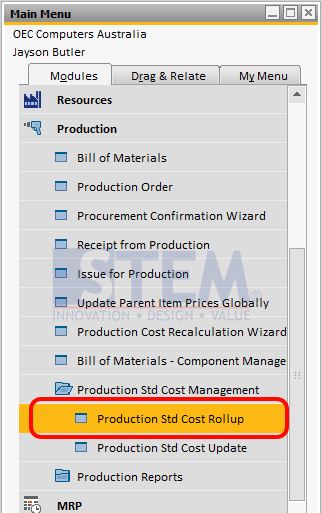 SAP Business One Tips - Production Std Cost Rollup Menu