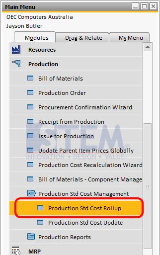 SAP Business One Tips - Production Std Cost Rollup Menu