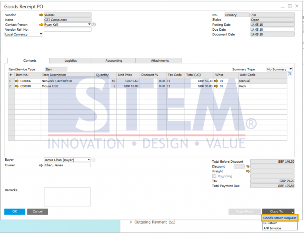 SAP Business One Tips - Request for Returns of Goods With a Goods Receipt Purchase Order