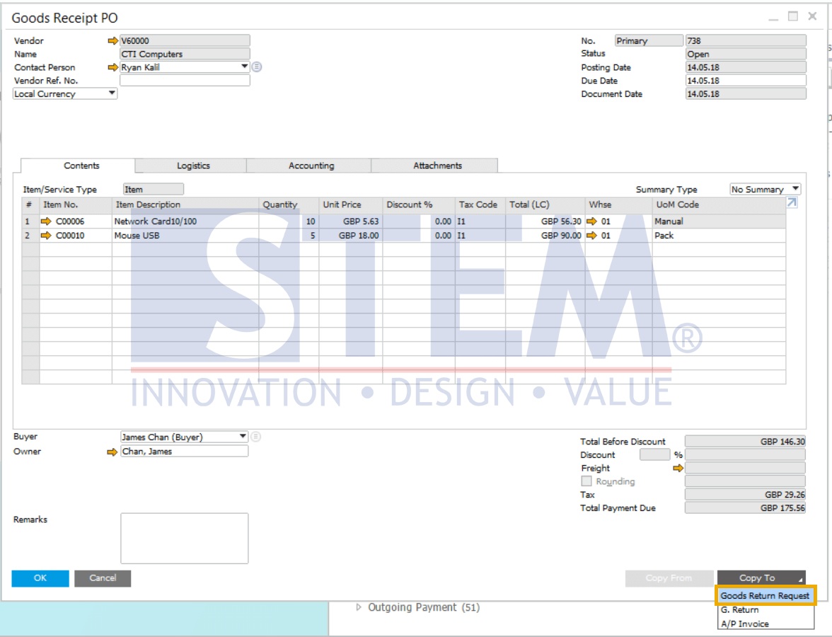 SAP Business One Tips - Request for Returns of Goods With a Goods Receipt Purchase Order