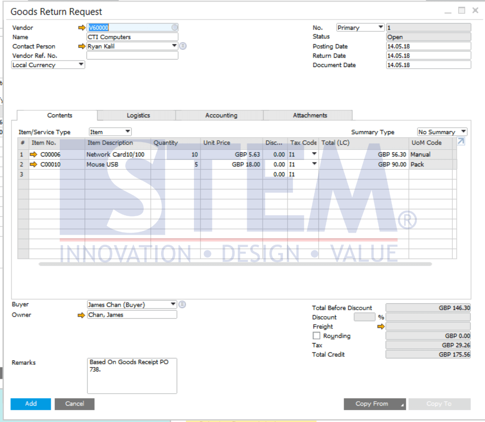 SAP Business One Tips - Request for Returns of Goods With a Goods Receipt Purchase Order