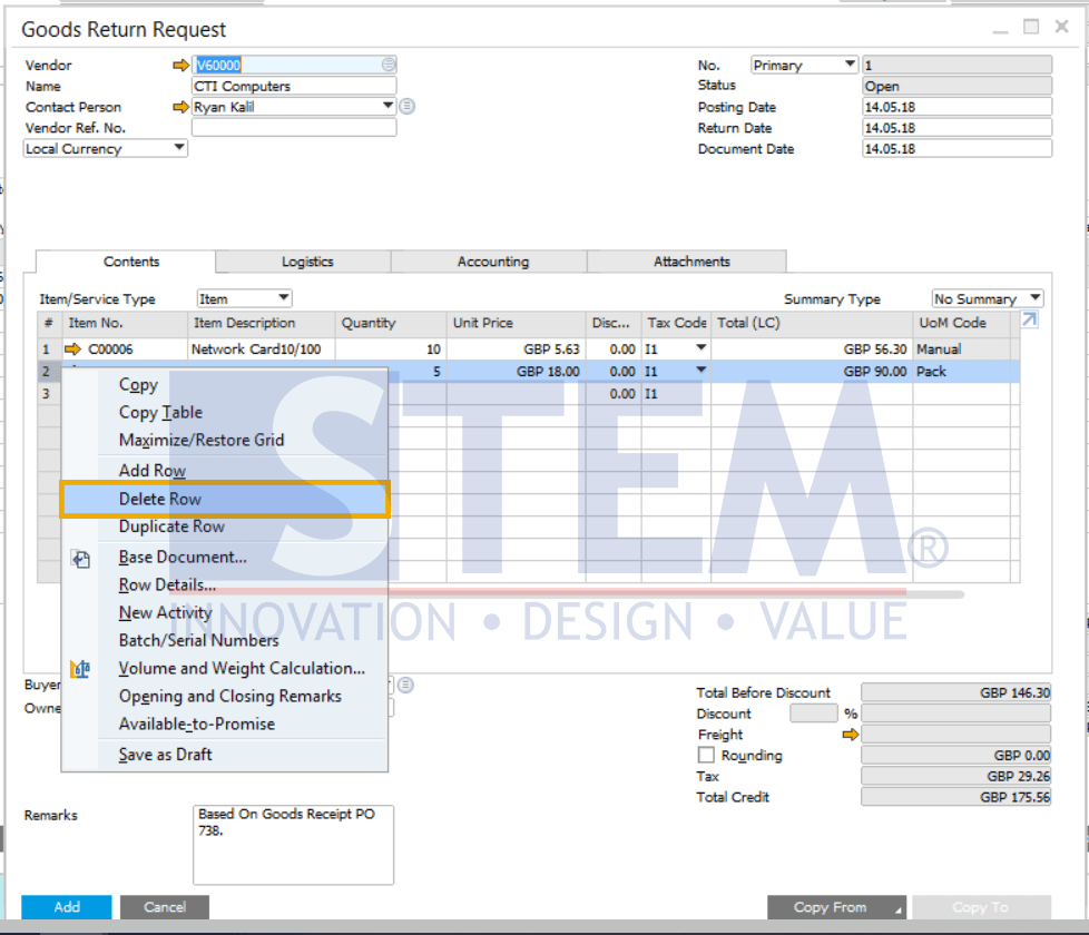 SAP Business One Tips - Request for Returns of Goods With a Goods Receipt Purchase Order