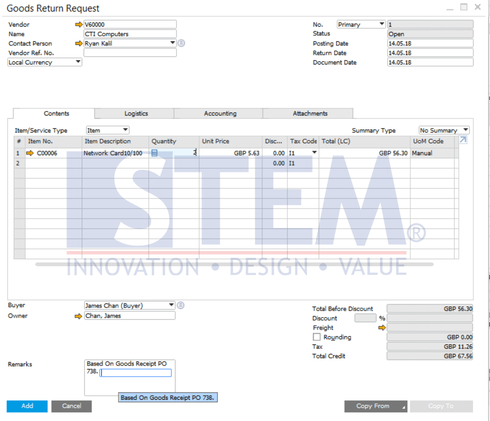 SAP Business One Tips - Request for Returns of Goods With a Goods Receipt Purchase Order