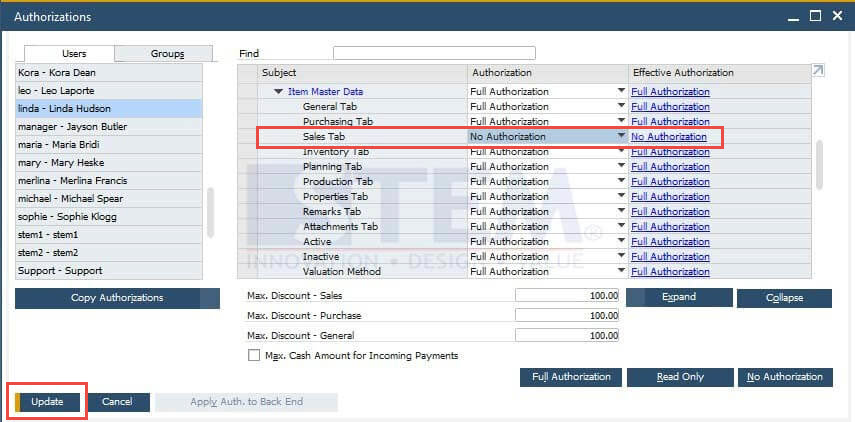 SAP Business One Tips - Tab Authorization In Master Data