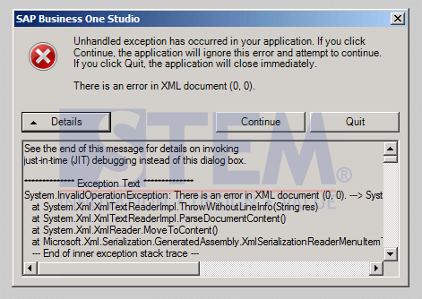 SAP Business One Tips - How To Troubleshoot problem ‘Error in XML Document (0,0)’ at SAP Business One Studio