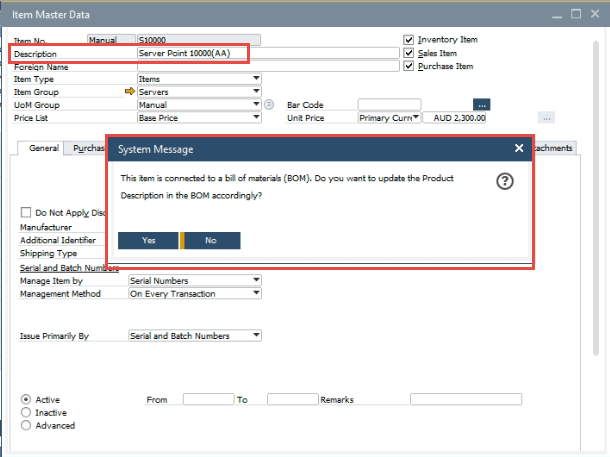 SAP Business One Tips - Bill of Materials (BoM) Description Enhancement