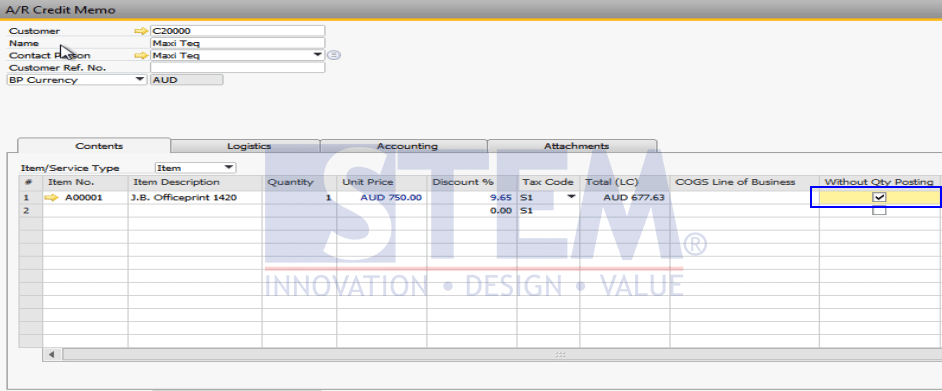 Credit Memo without Affecting Inventory 