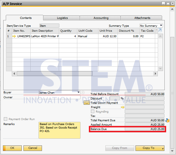 SAP Business One Tips - Balance Due Field on Invoice