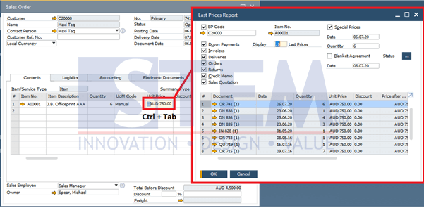 SAP Business One Tips - Shortcut to See Last Price