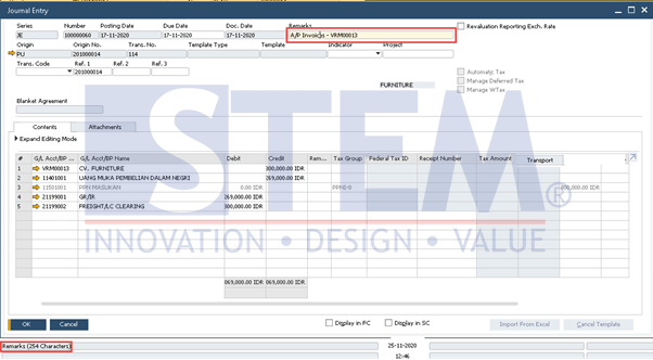 SAP Business One Tips - Number of Journal Remarks Character Extended